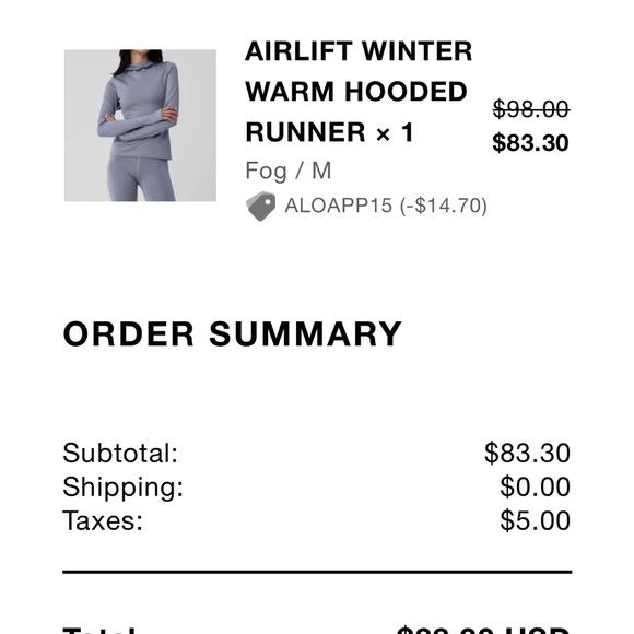 NWOT ALO Yoga Airlift Winter Hooded Runner in Fog sz M - Picture 1 of 1